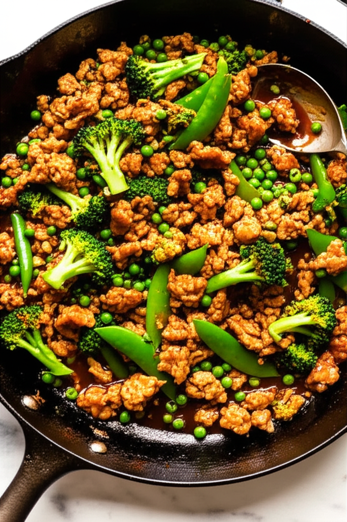 Ground turkey, broccoli, and peas with teriyaki sauce