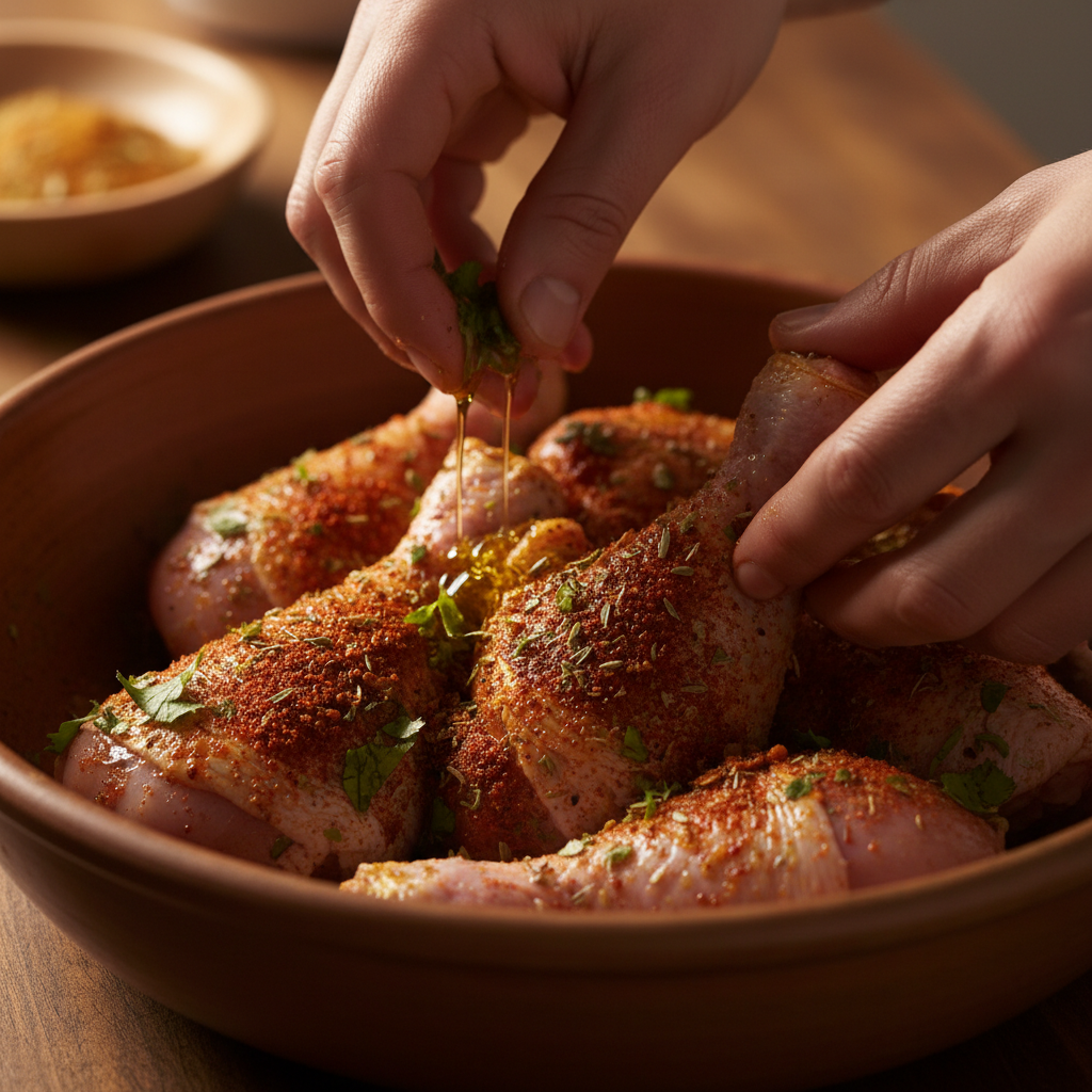 Browned chicken pieces in skillet after cooking
