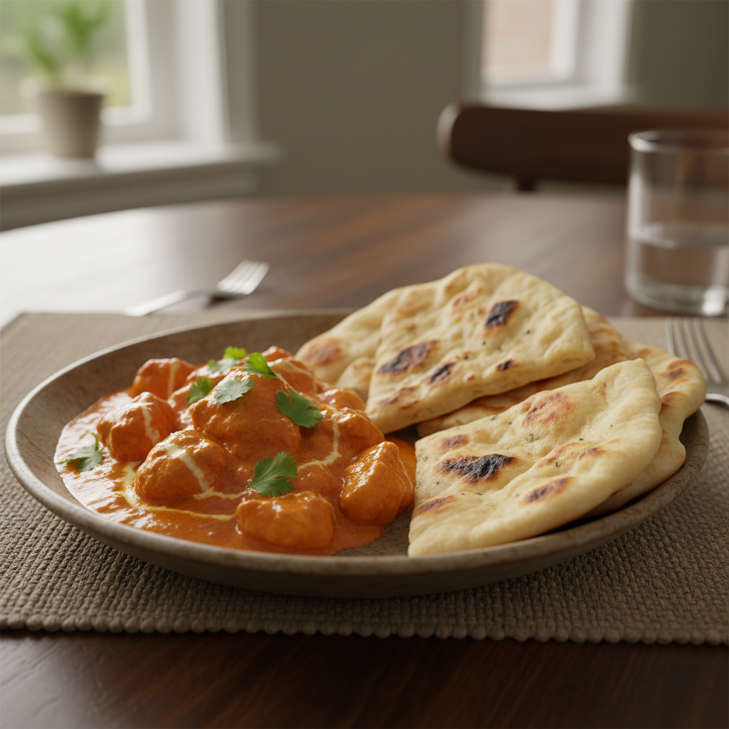 Finished creamy butter chicken garnished with fresh cilantro