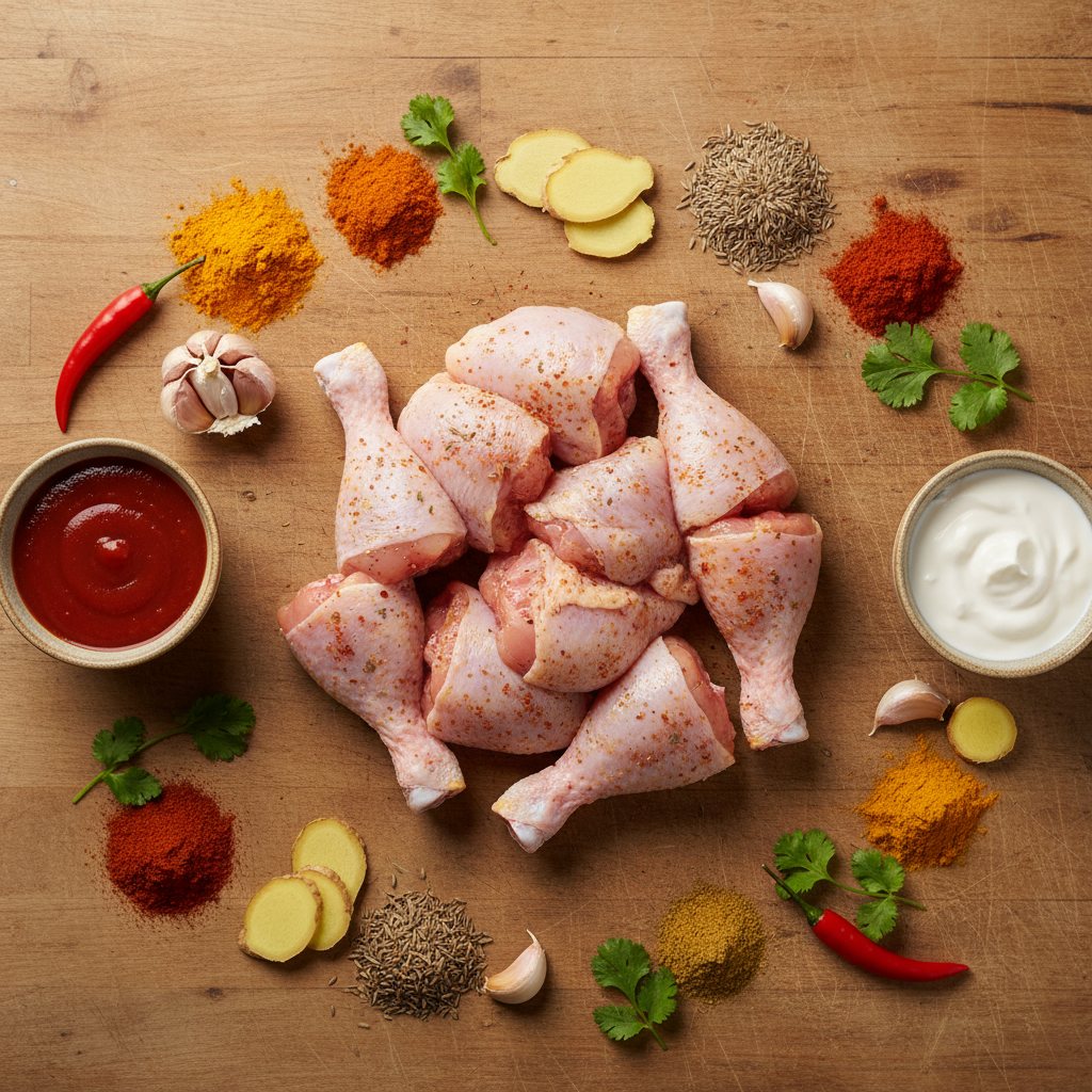 Ingredients for creamy butter chicken laid out