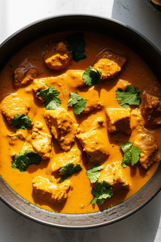 Creamy tomato-based butter chicken sauce in pan