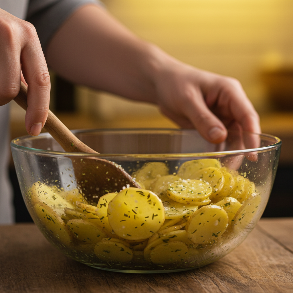 Tossing sliced potatoes with oil and seasonings
