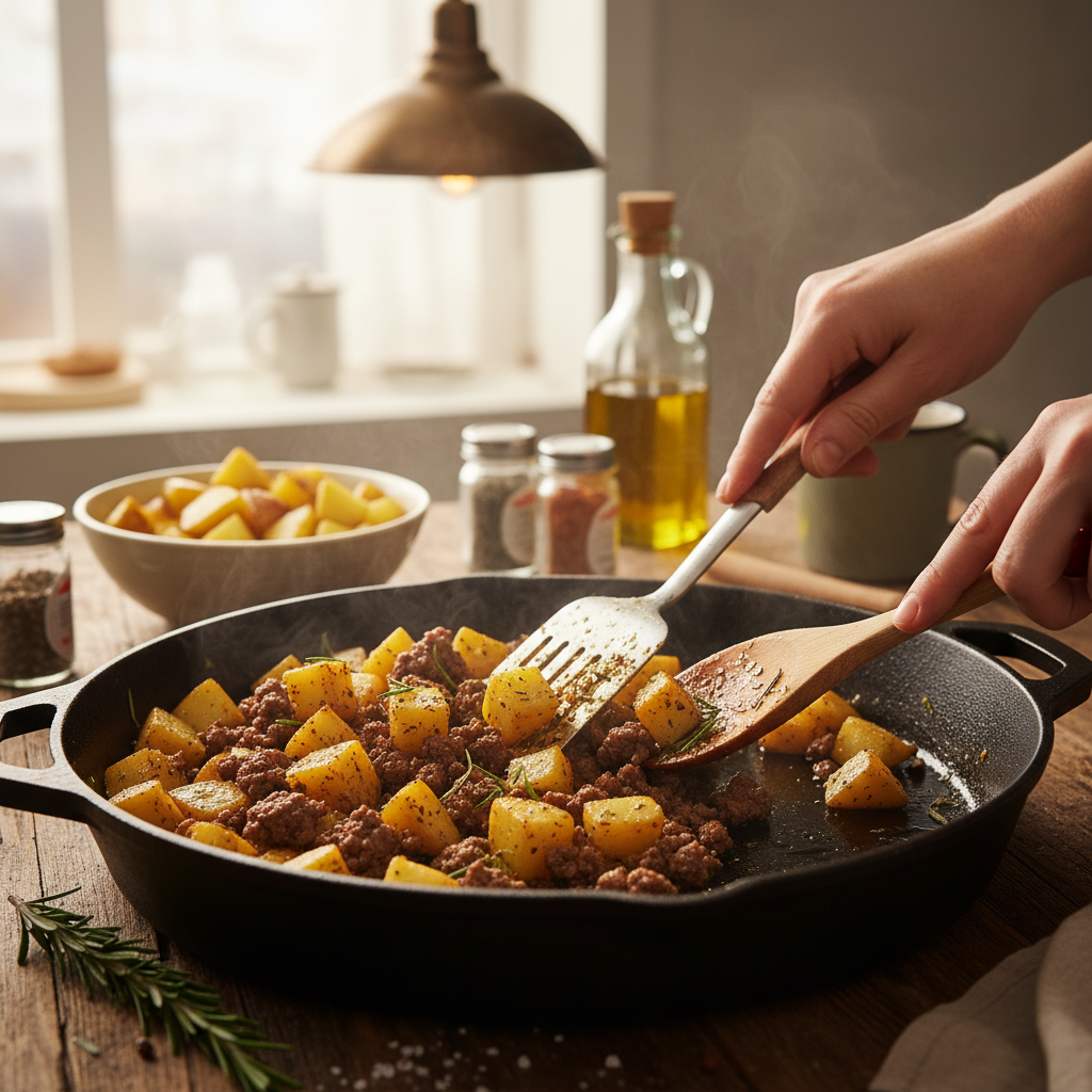 Potatoes cooking in skillet