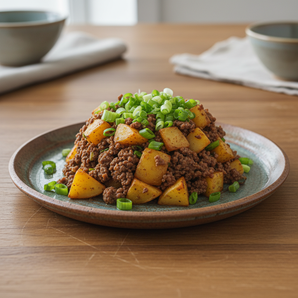 Finished Ground Beef and Potatoes garnished with green onions