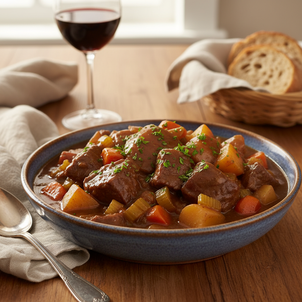 Finished bowl of hearty beef stew with garnish