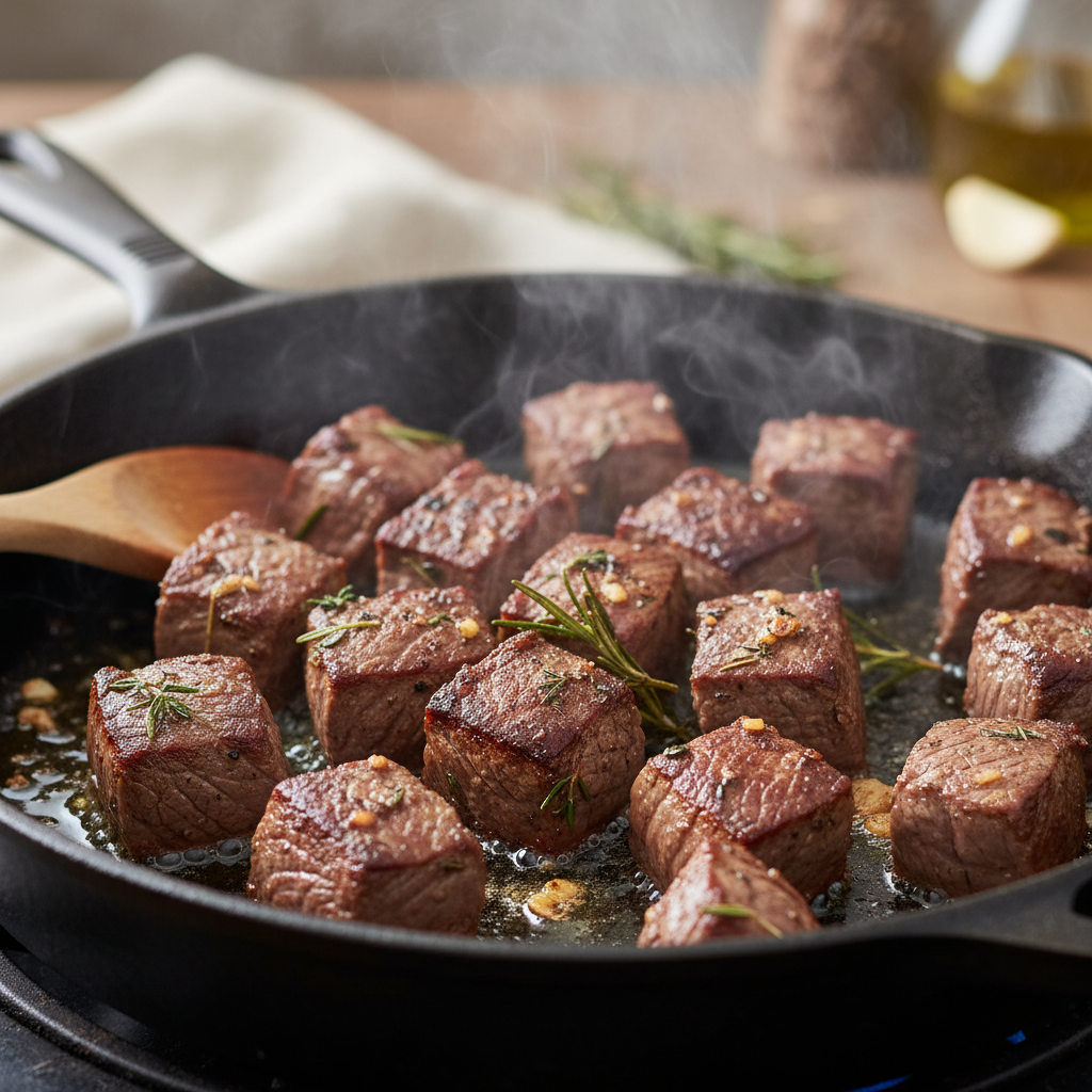 Browning beef in skillet for stew