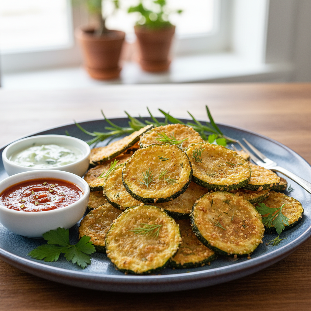 Zucchini chips served with various dipping sauces