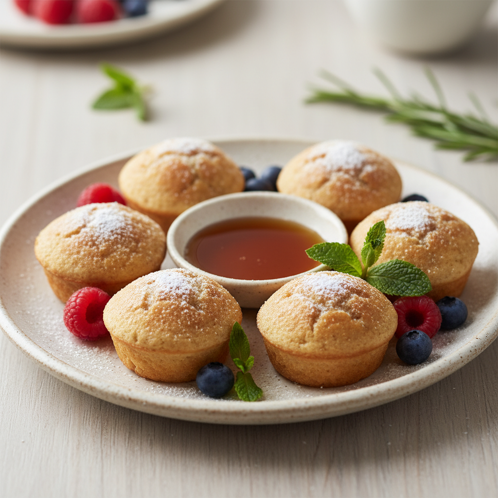 Serving pancake mini muffins with maple syrup