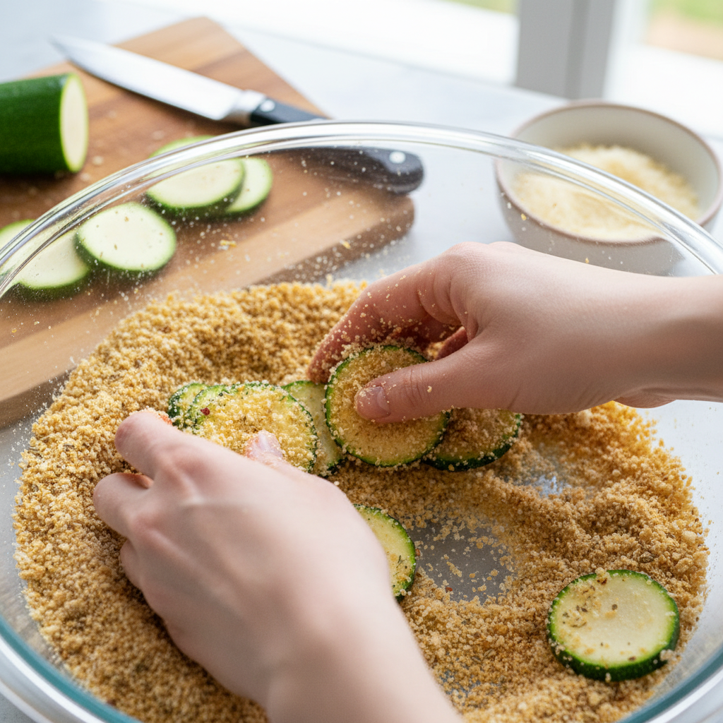 Zucchini rounds coated with breadcrumb mixture