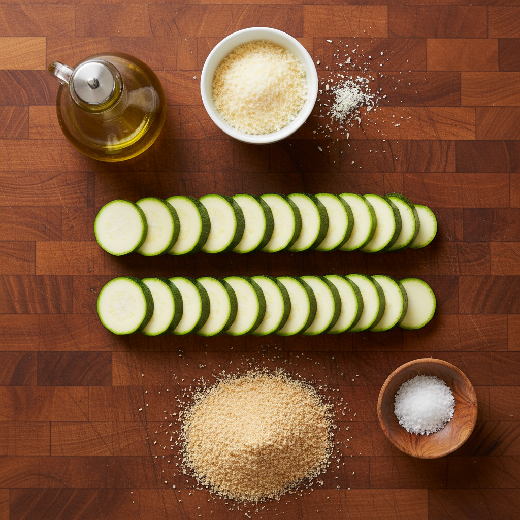Ingredients for baked zucchini chips laid out