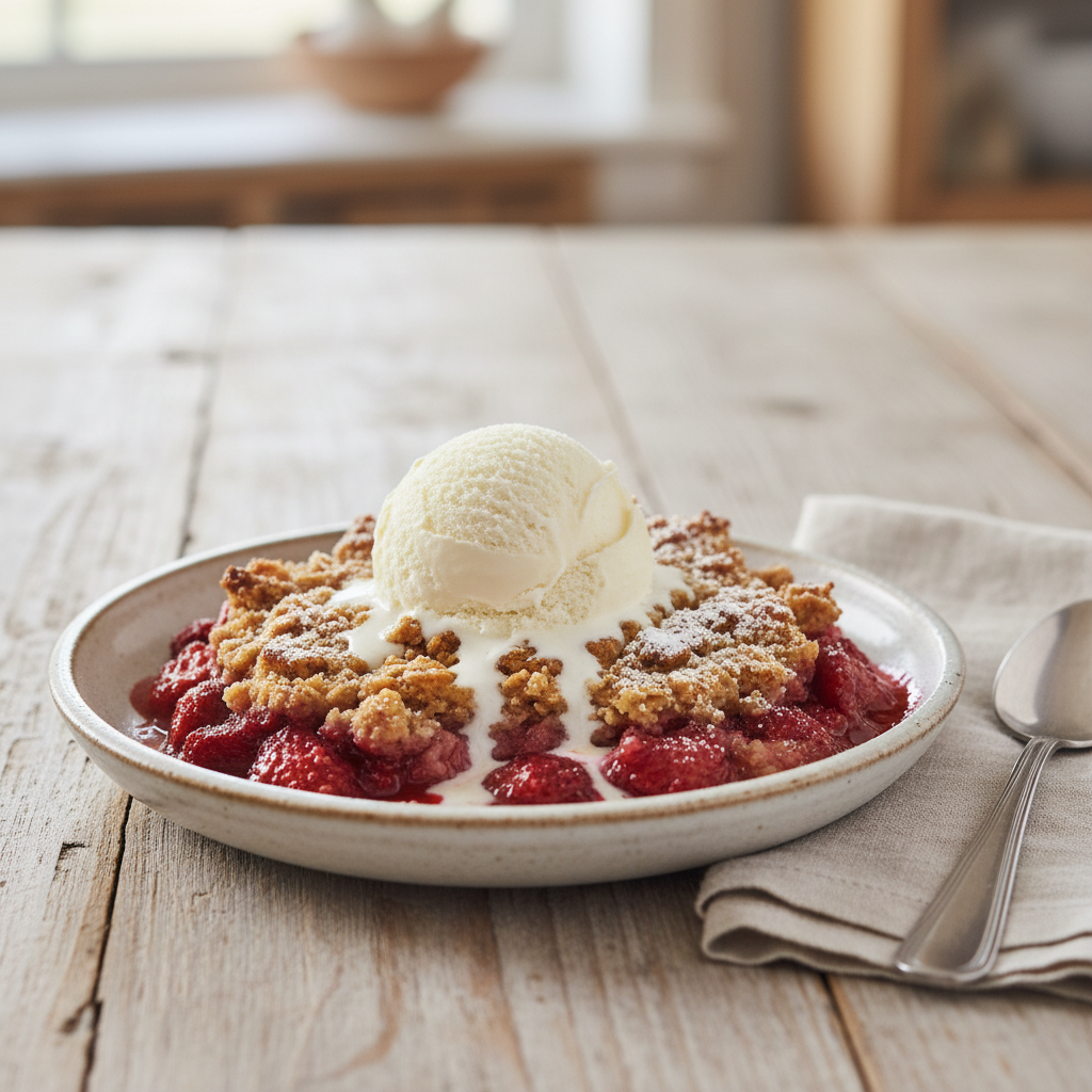 Strawberry dessert served with vanilla ice cream