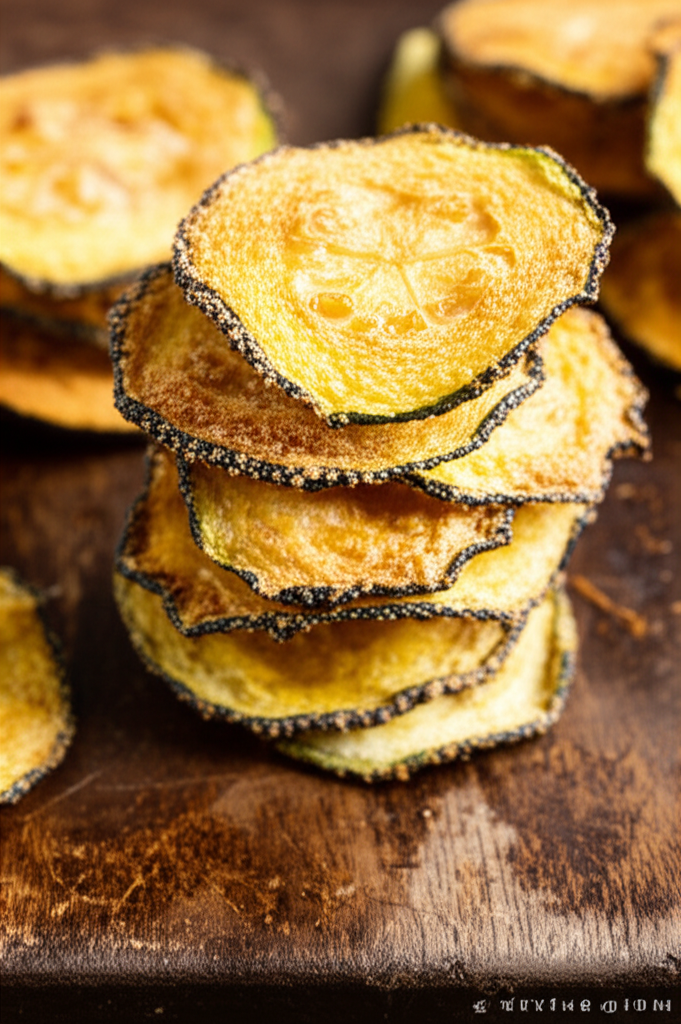Golden baked zucchini chips on a tray