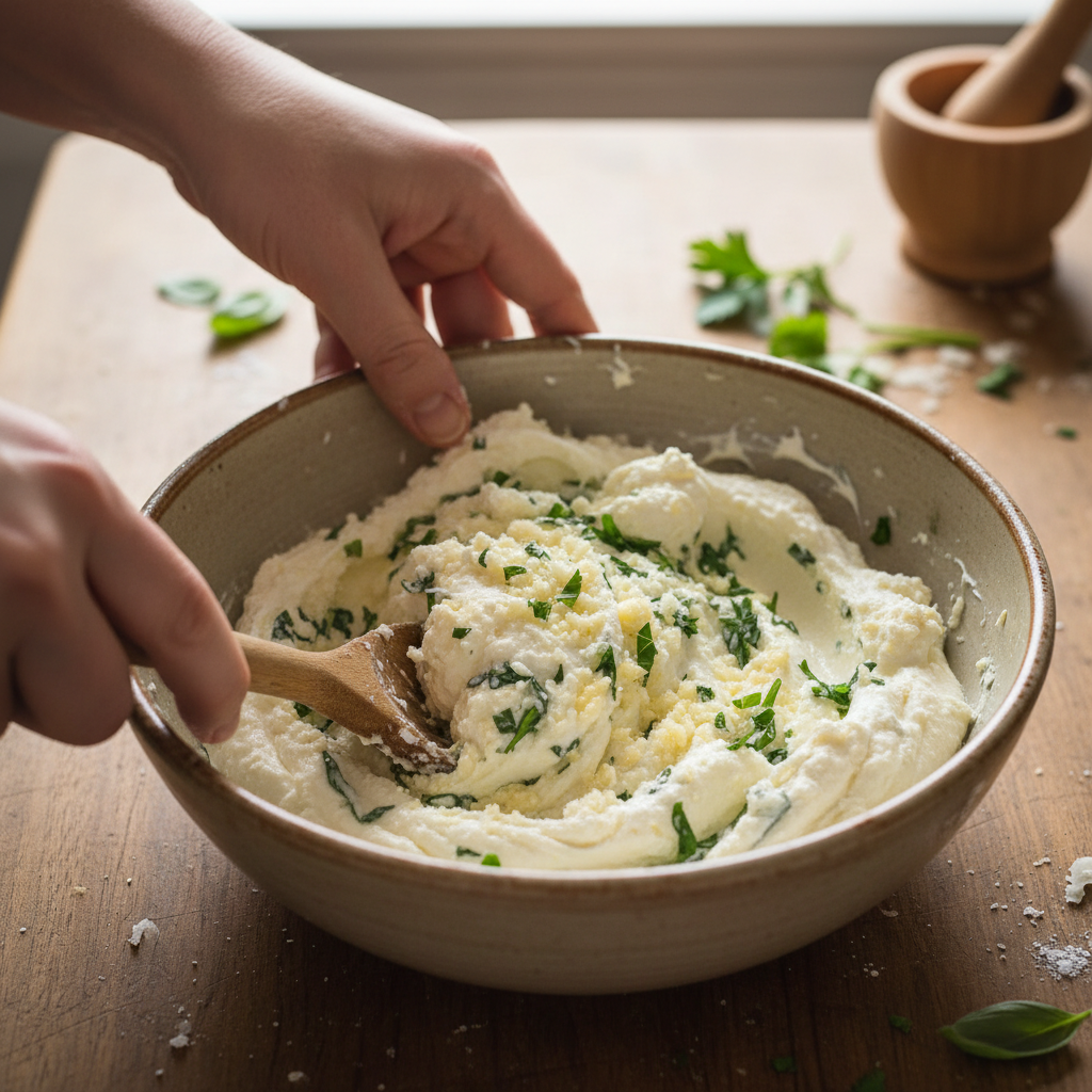 Mixing ricotta cheese filling ingredients in bowl