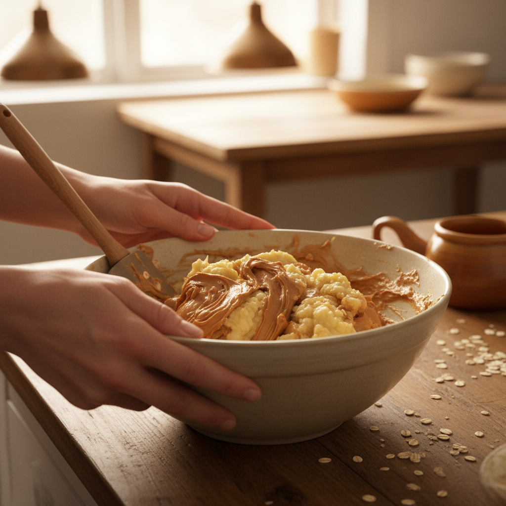 Mixing wet and dry ingredients for Banana Peanut Butter Oatmeal Bars