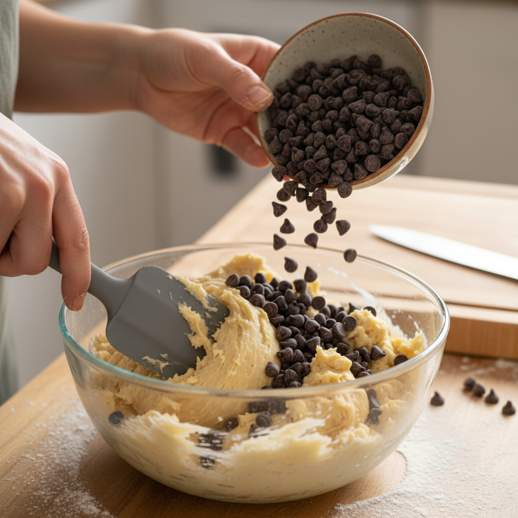 Folding chocolate chips into cookie dough