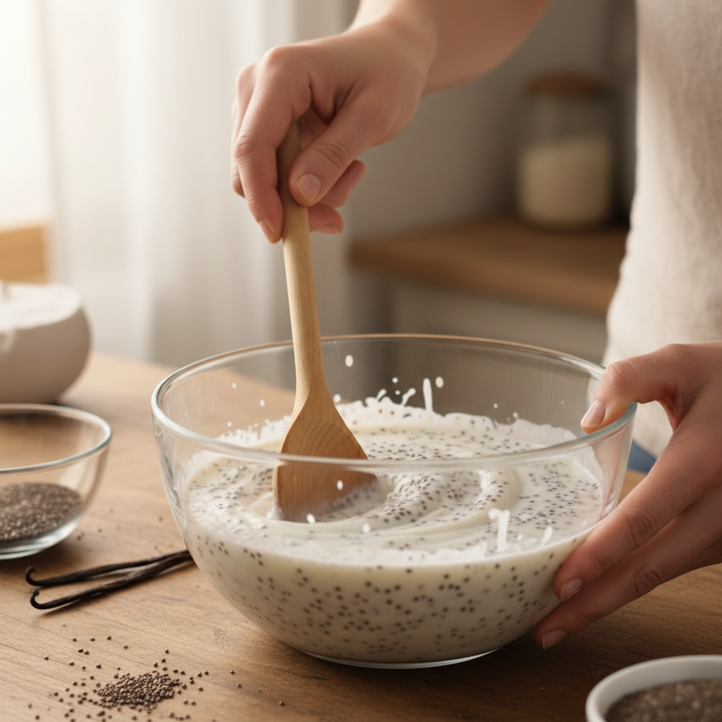 Mixing coconut milk, water, vanilla, and chia seeds