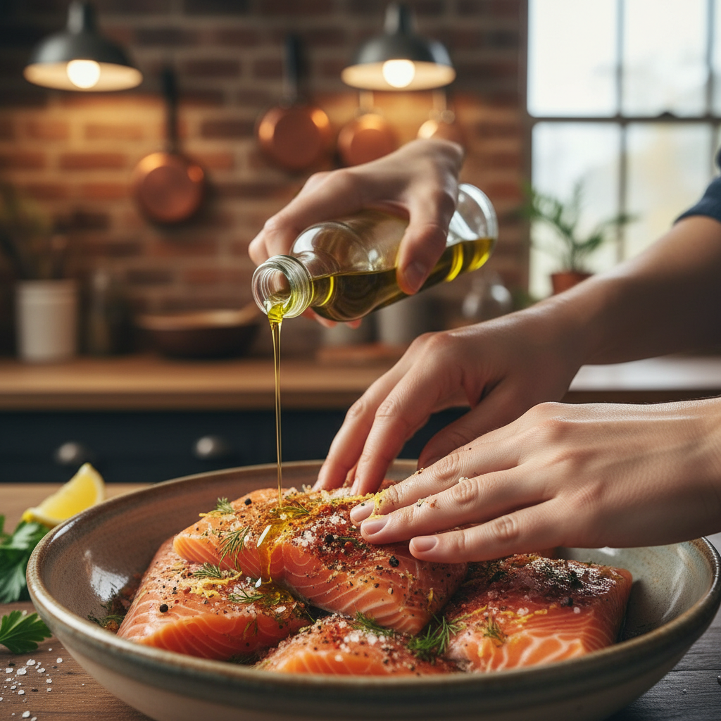 Searing salmon fillets in olive oil