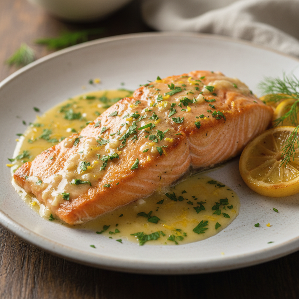 Salmon fillets topped with garlic lemon butter sauce and parsley