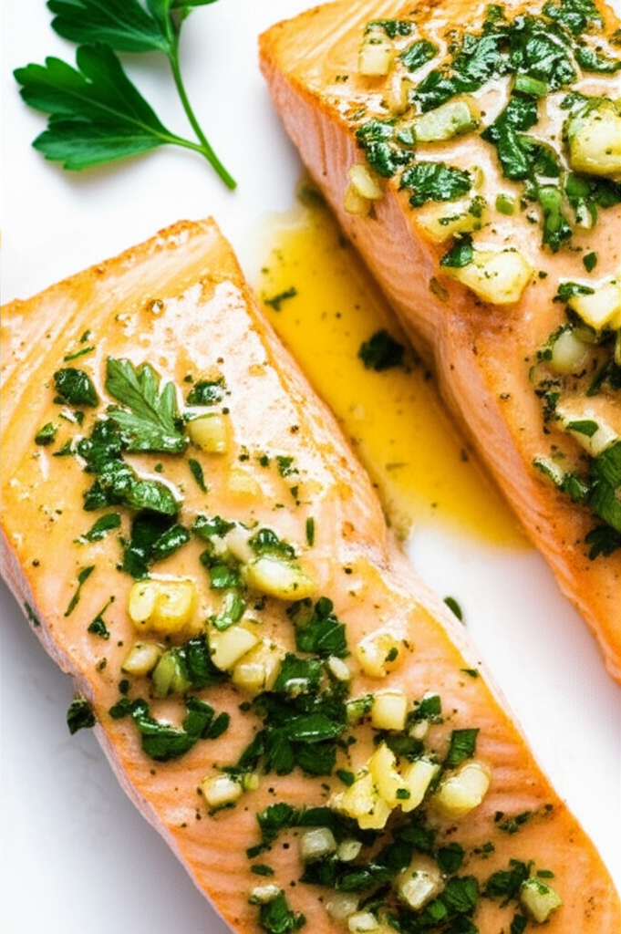 Salmon with garlic lemon butter sauce ready to serve