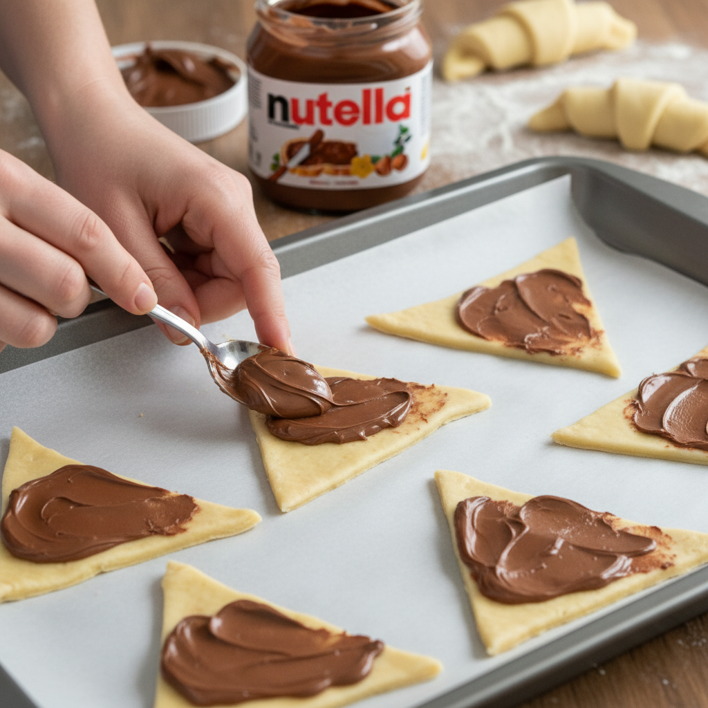 Spreading Nutella on crescent dough and rolling into crescents
