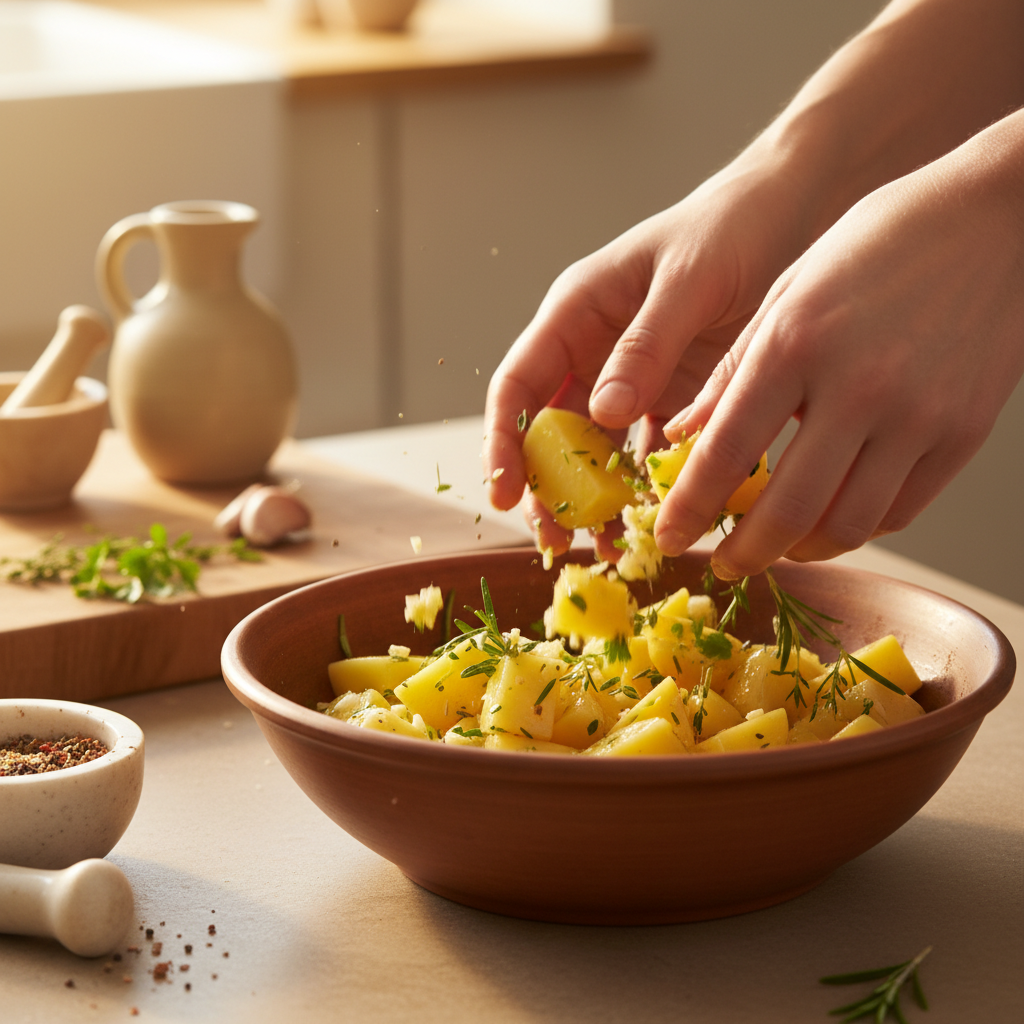Potatoes cooking and being stirred in pan