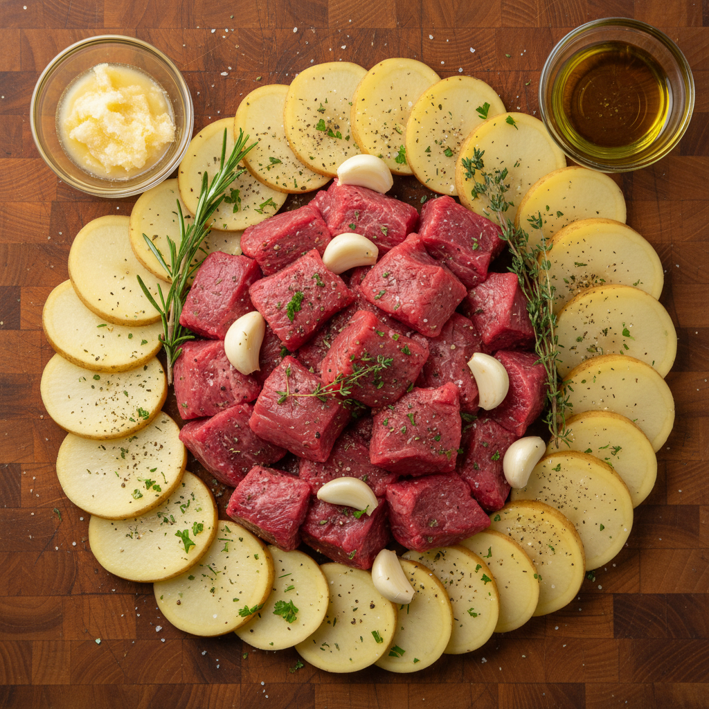 Ingredients for garlic butter steak bits and potatoes