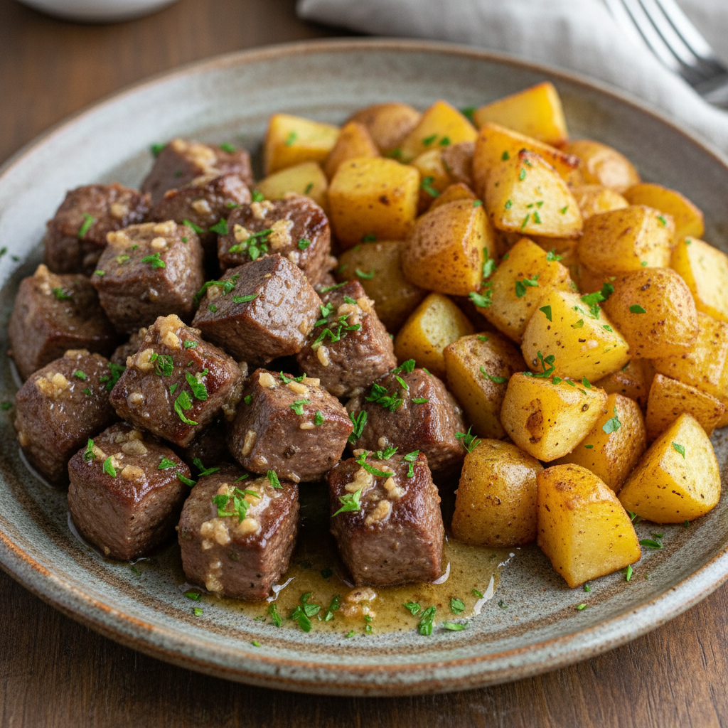 Serving suggestion of garlic butter steak and potatoes with vegetable side
