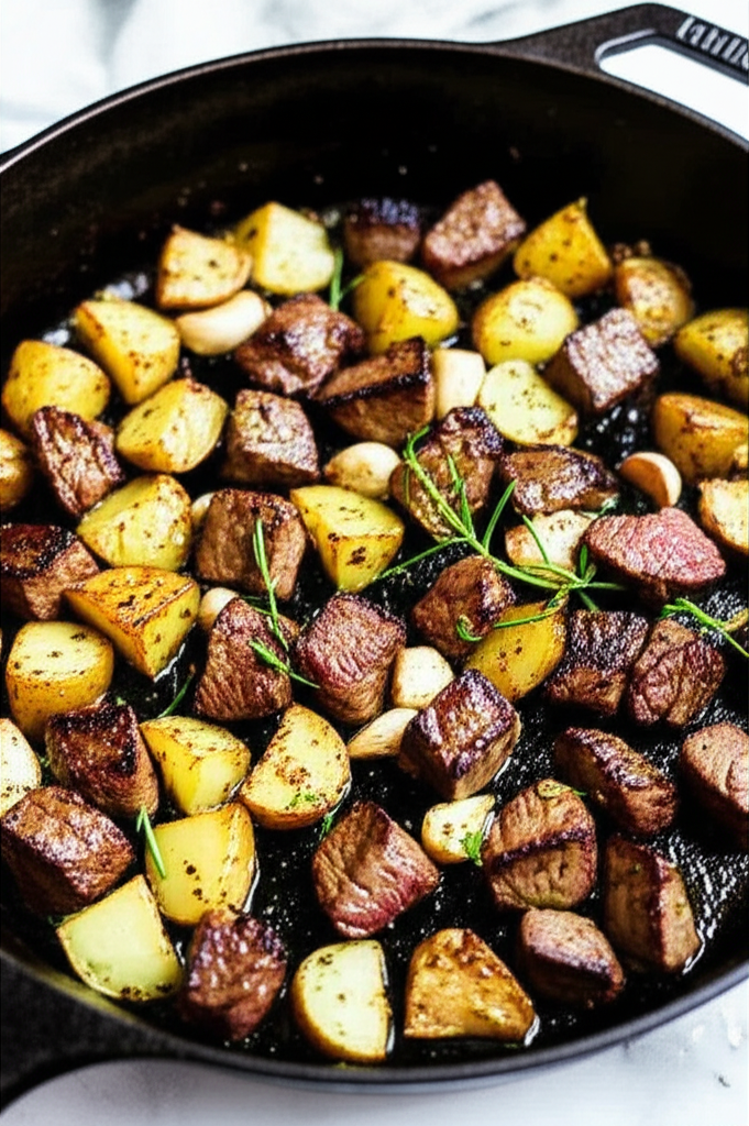 Garlic butter steak and potatoes plated meal