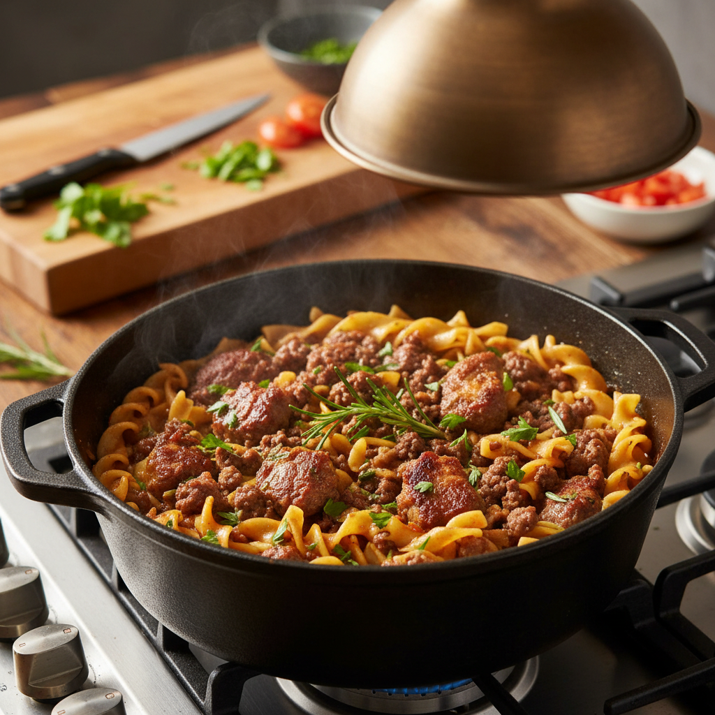 Hamburger Stroganoff served in a bowl