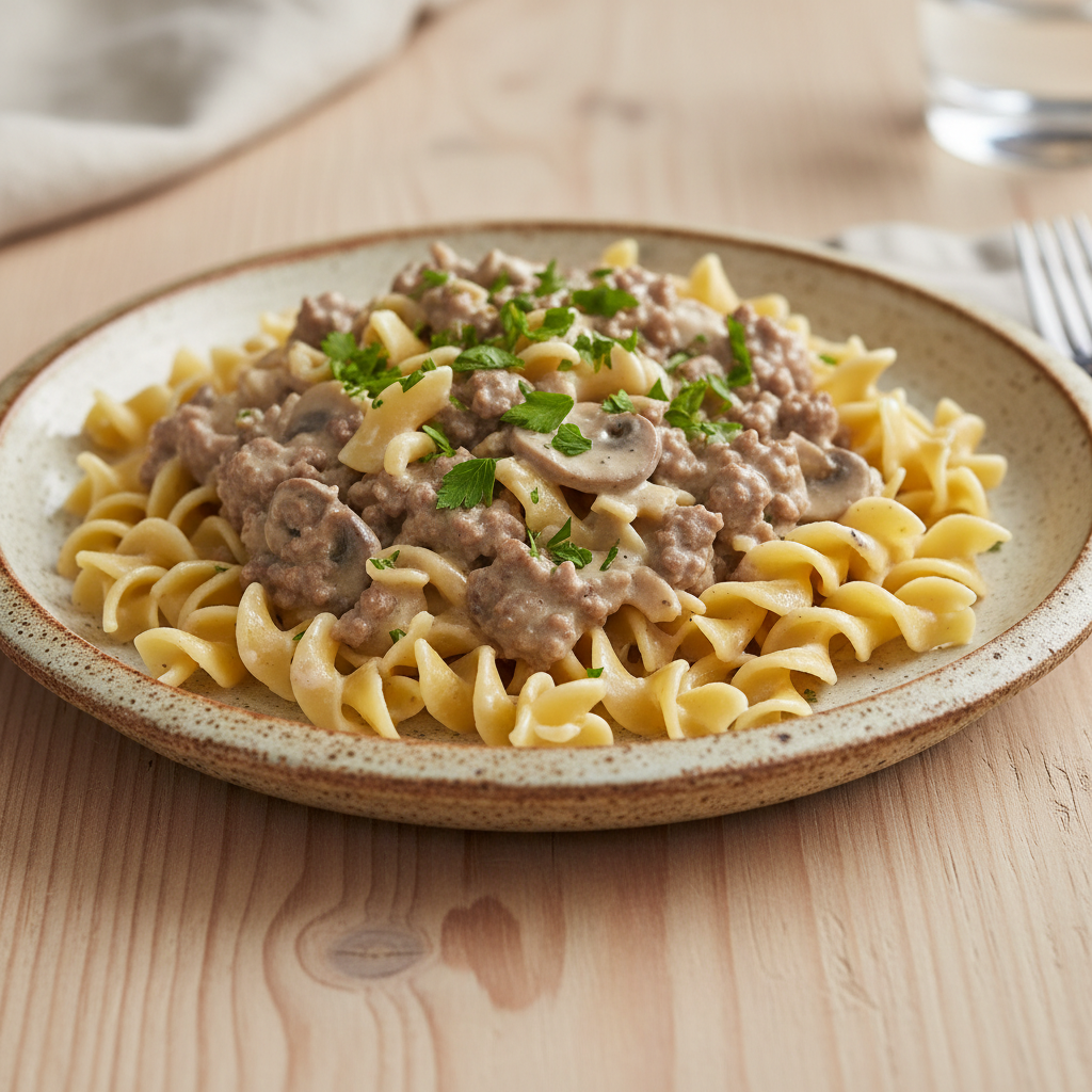 A family enjoying a dinner of Hamburger Stroganoff