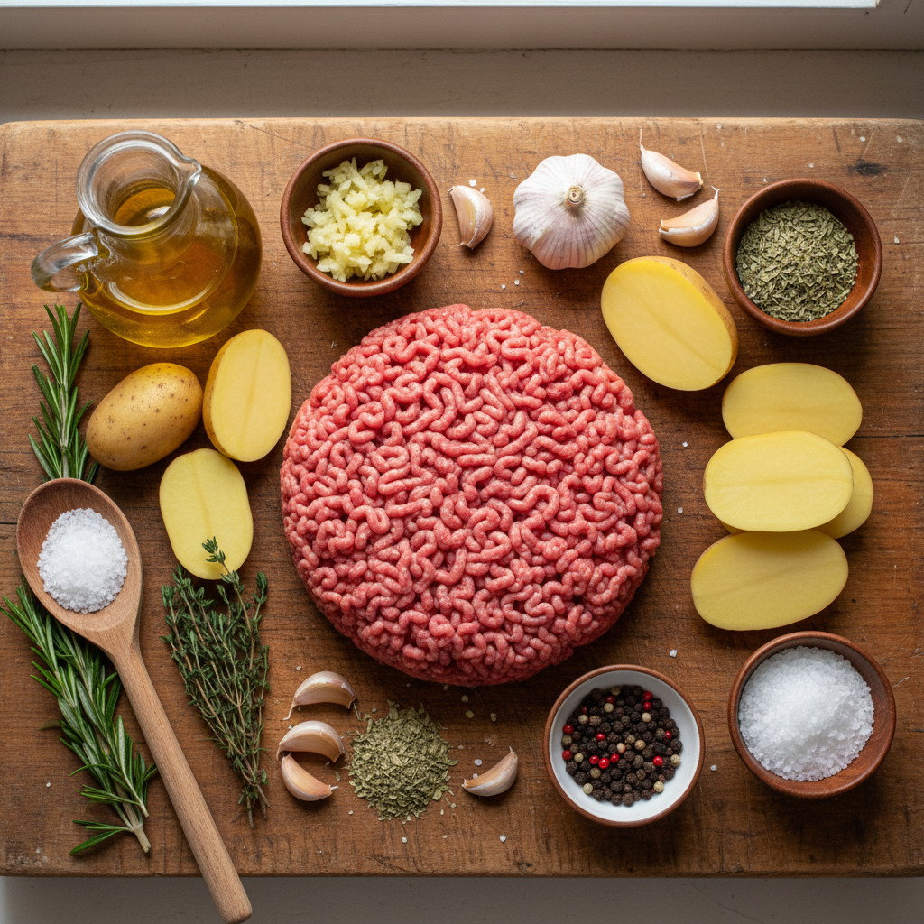 Ingredients for Hamburger Stroganoff laid out in bowls