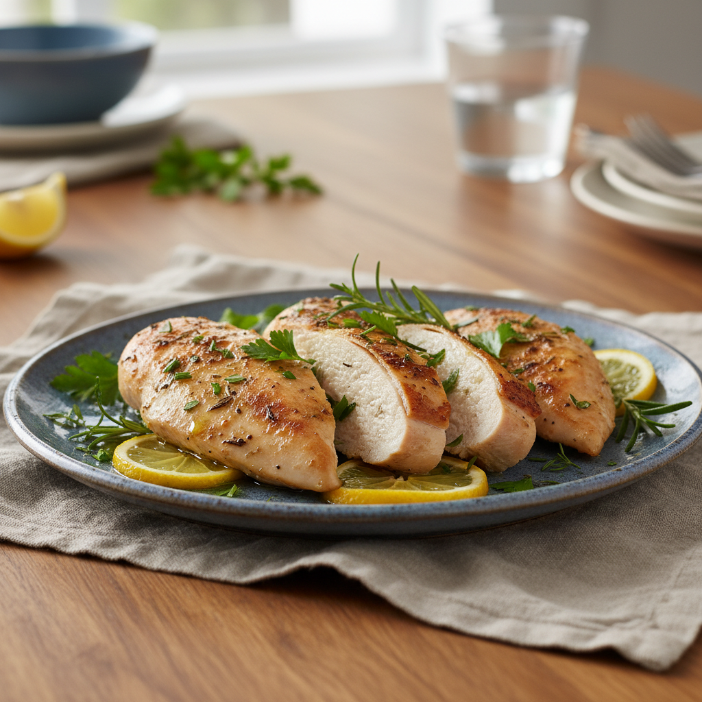 Perfectly served oven-baked chicken breasts with vegetables