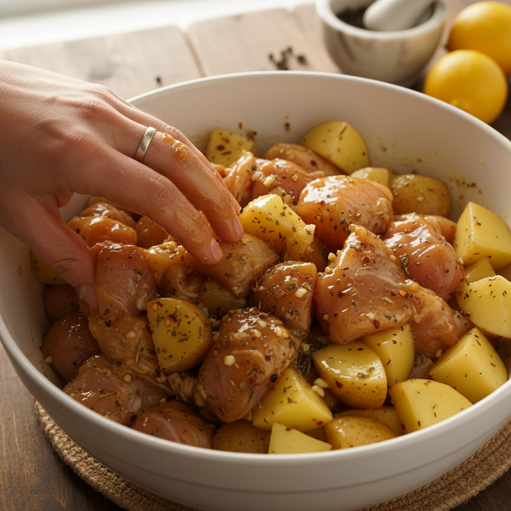 Mixing honey, soy sauce, lemon juice, garlic, and spices