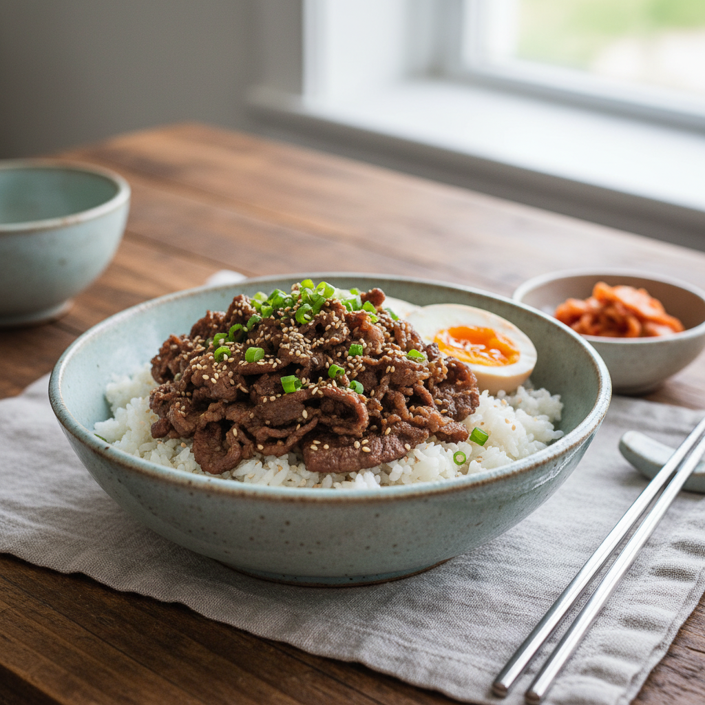 Serving Korean beef bowls with various toppings