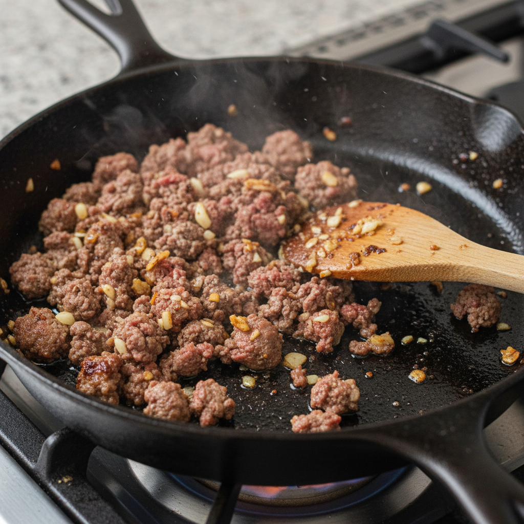 Cooking ground beef with garlic in a cast iron skillet