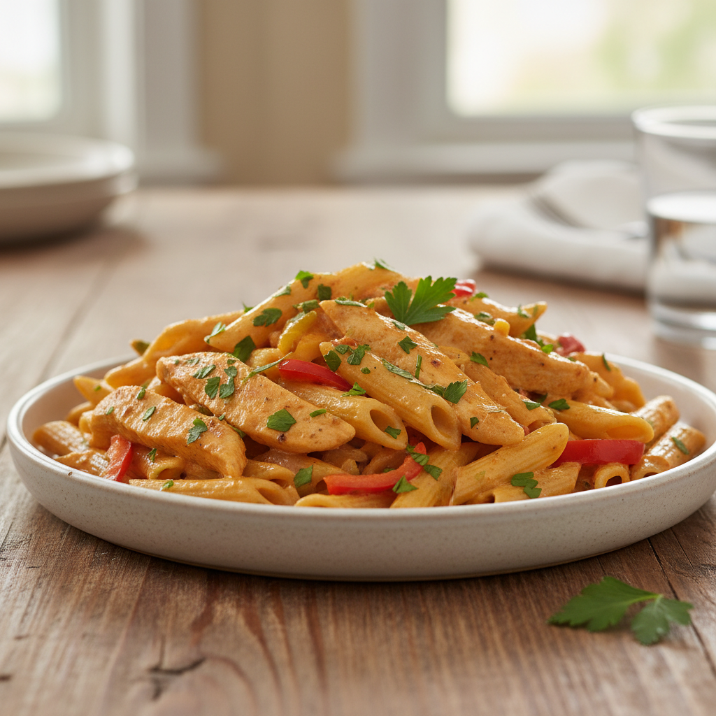 Freshly served creamy Cajun chicken pasta with garnish