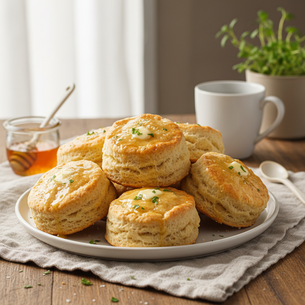 Finished baked biscuits brushed with melted butter on a baking tray
