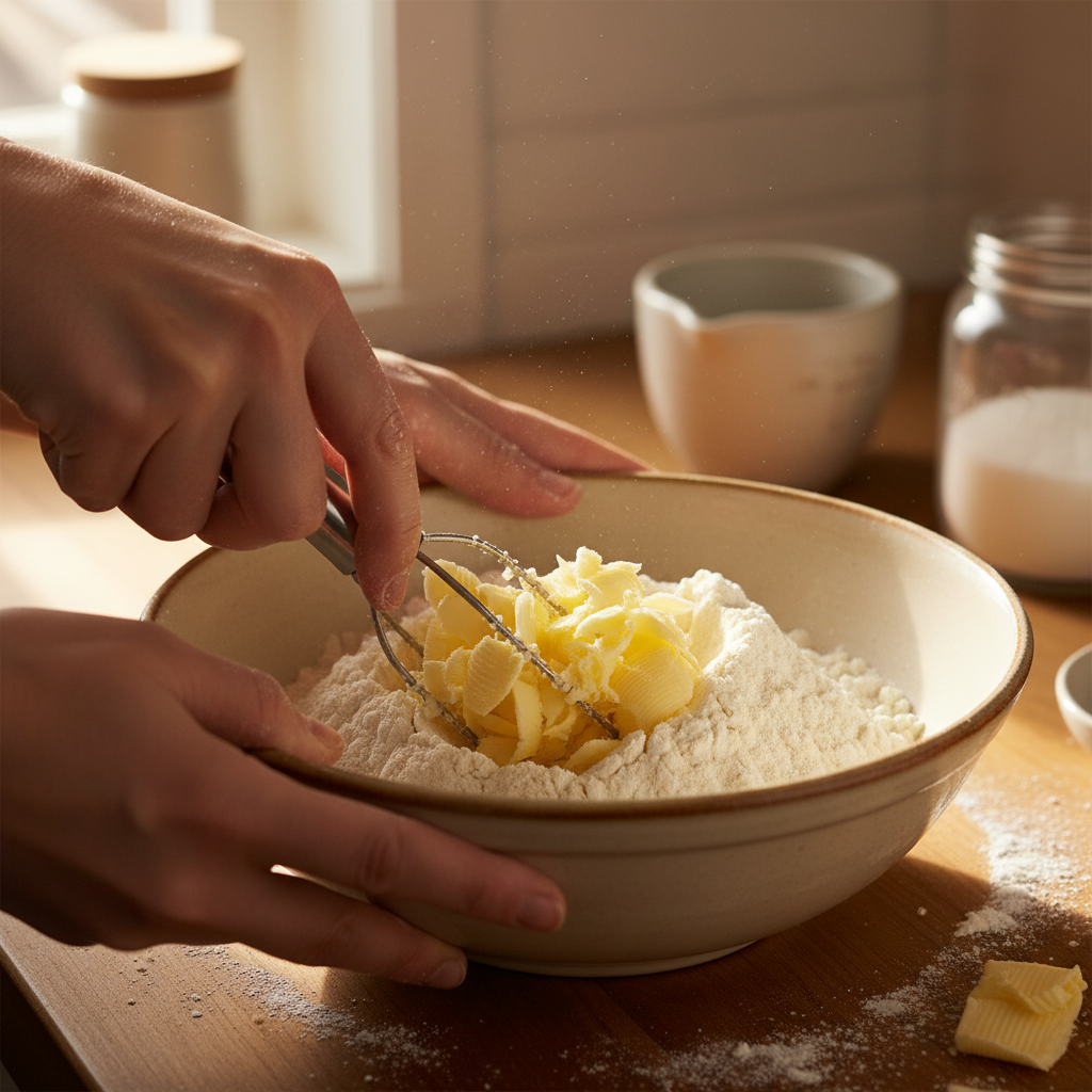 Grated butter mixed with flour in a large bowl