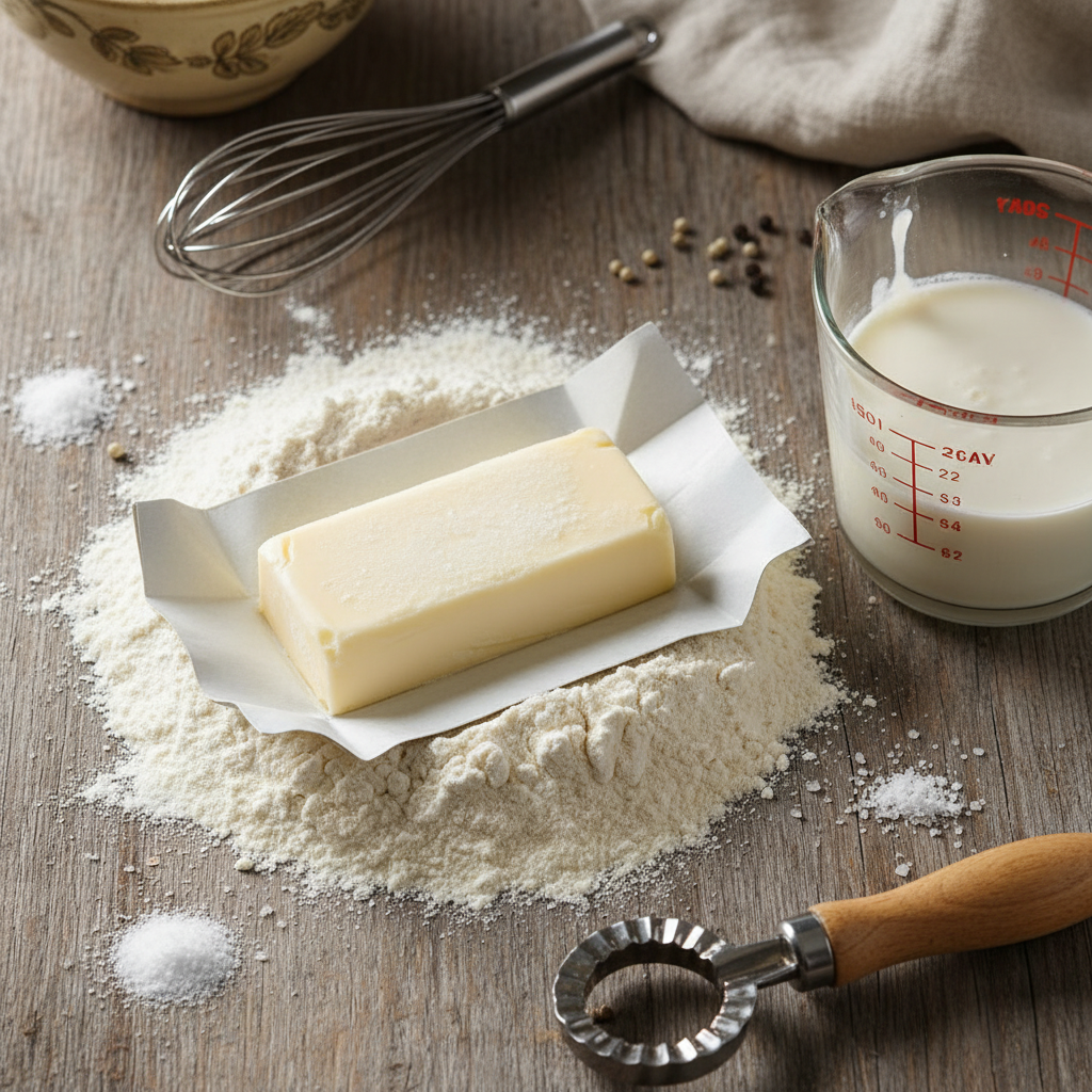 Ingredients: flour, butter, and buttermilk measuring cups