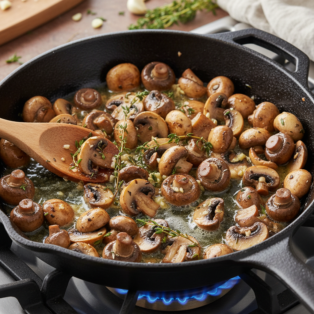 Sautéed mushrooms in the pan