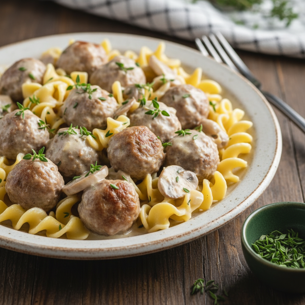 Meatball stroganoff near completion
