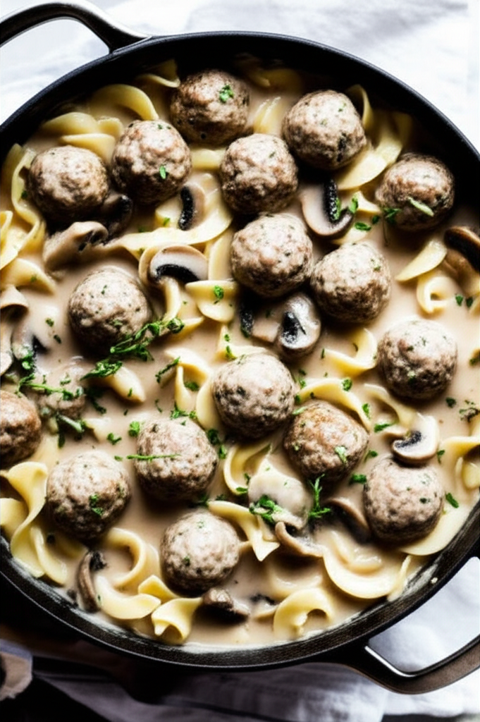 One Pot Meatball Stroganoff finished dish