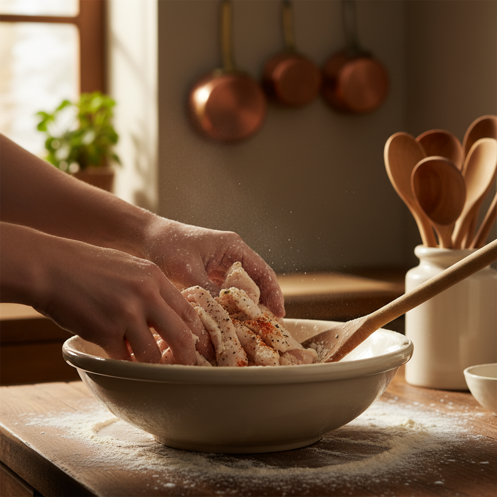 Seasoned and floured chicken breasts in preparation