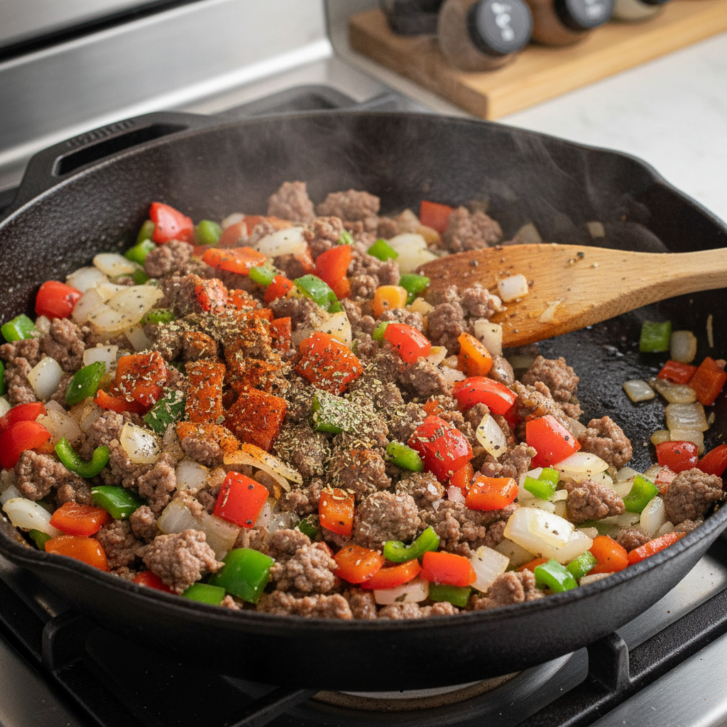 Cooking vegetables and browning beef in a skillet