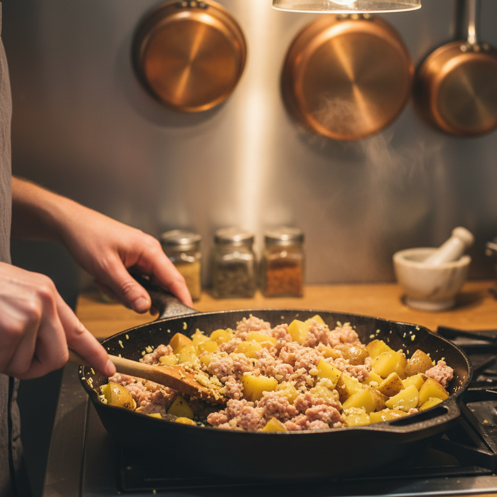 Ground turkey cooking with garlic and ginger in skillet