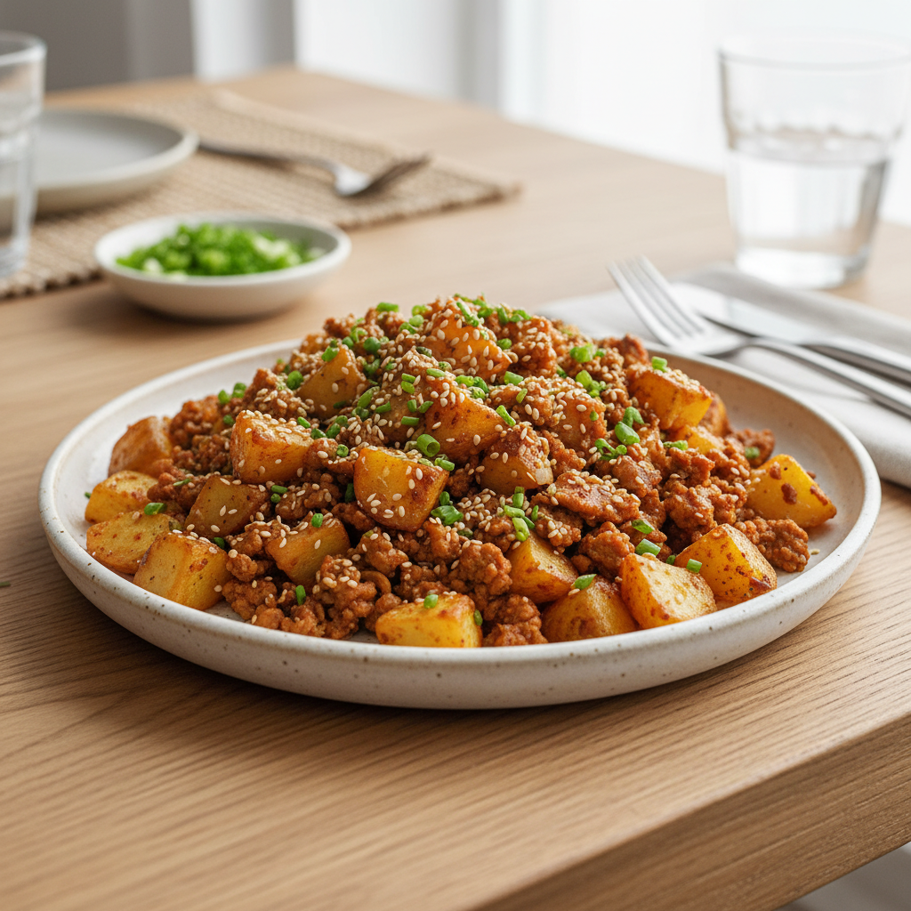 Ground turkey Korean-style served with rice and vegetables