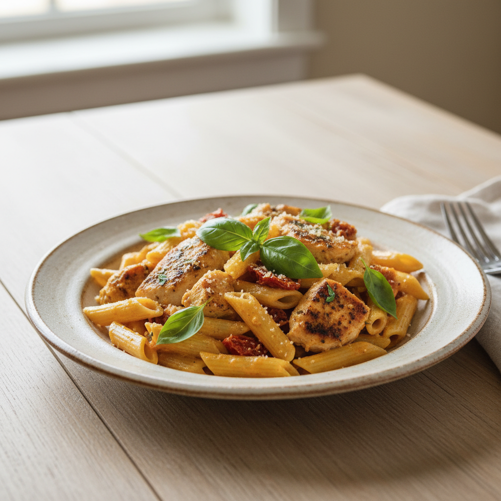 Plated Marry Me Chicken Pasta garnished with basil and parmesan