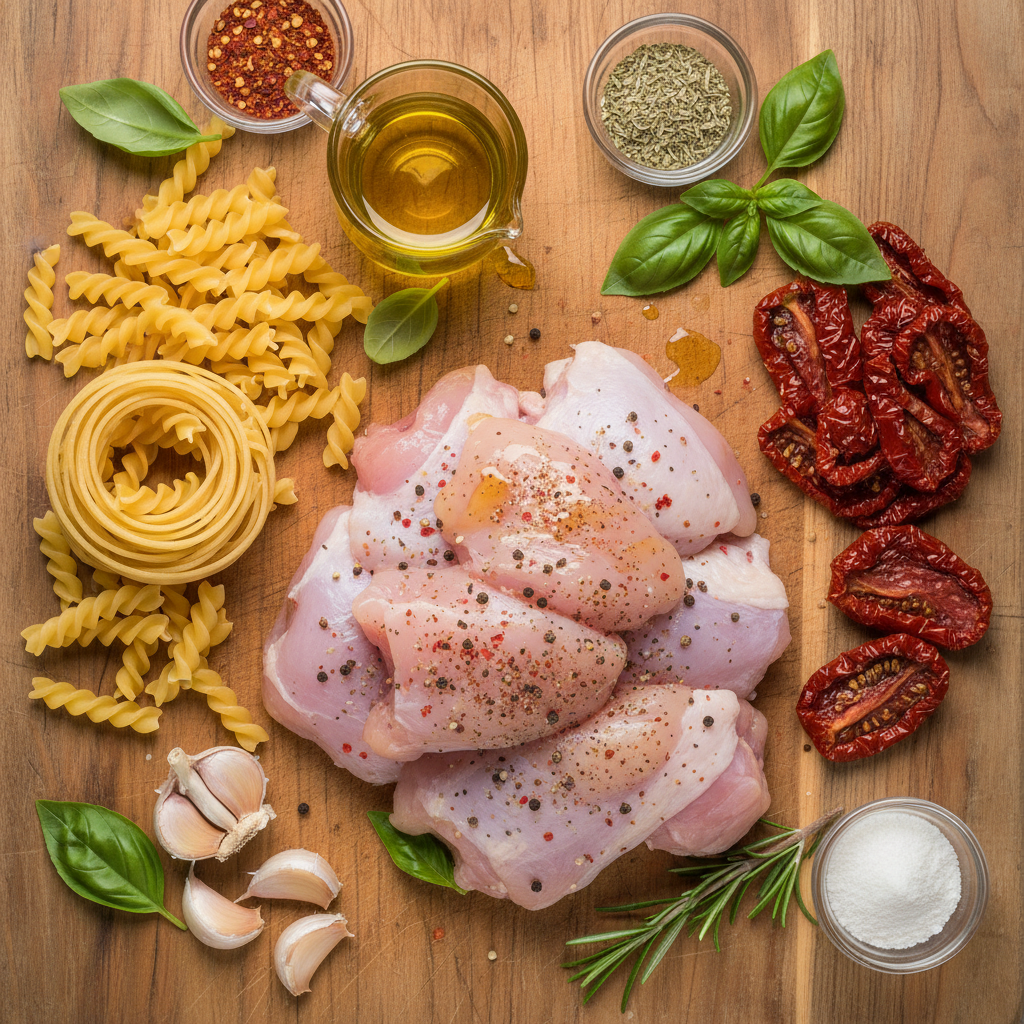 Ingredients laid out for Marry Me Chicken Pasta recipe