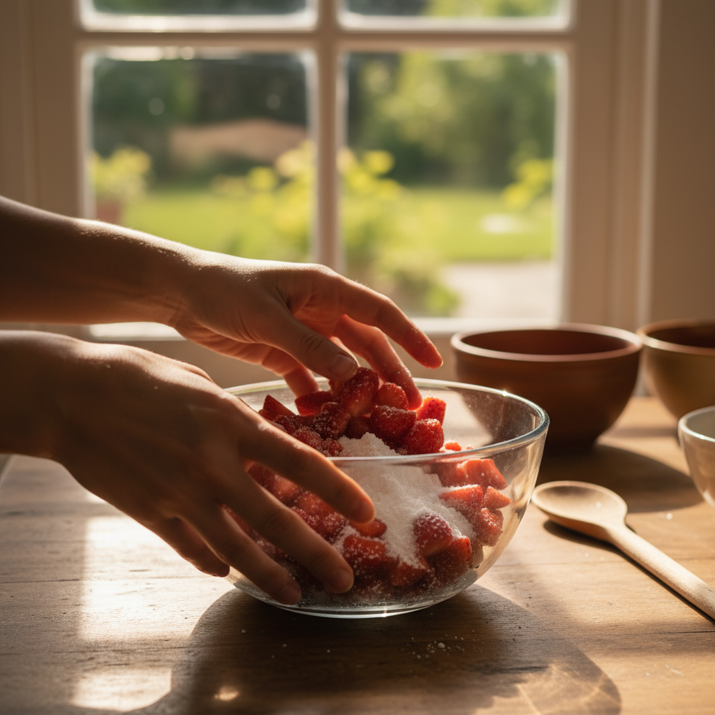 Mixing strawberry filling with sugar and cornstarch