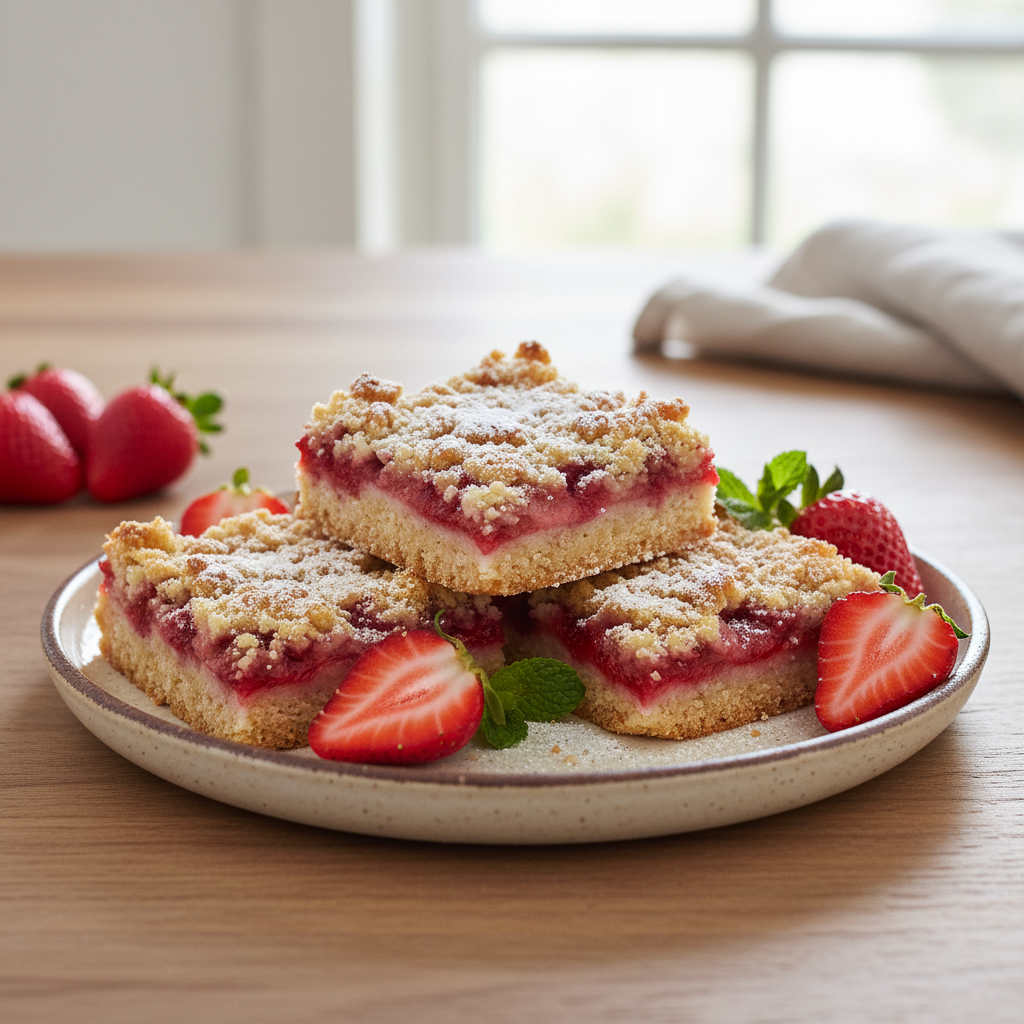 Cut strawberry crumb bars served